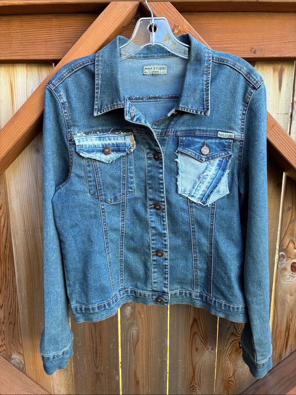 One of a kind Repurposed Max Studio Blue Distressed Denim Jacket